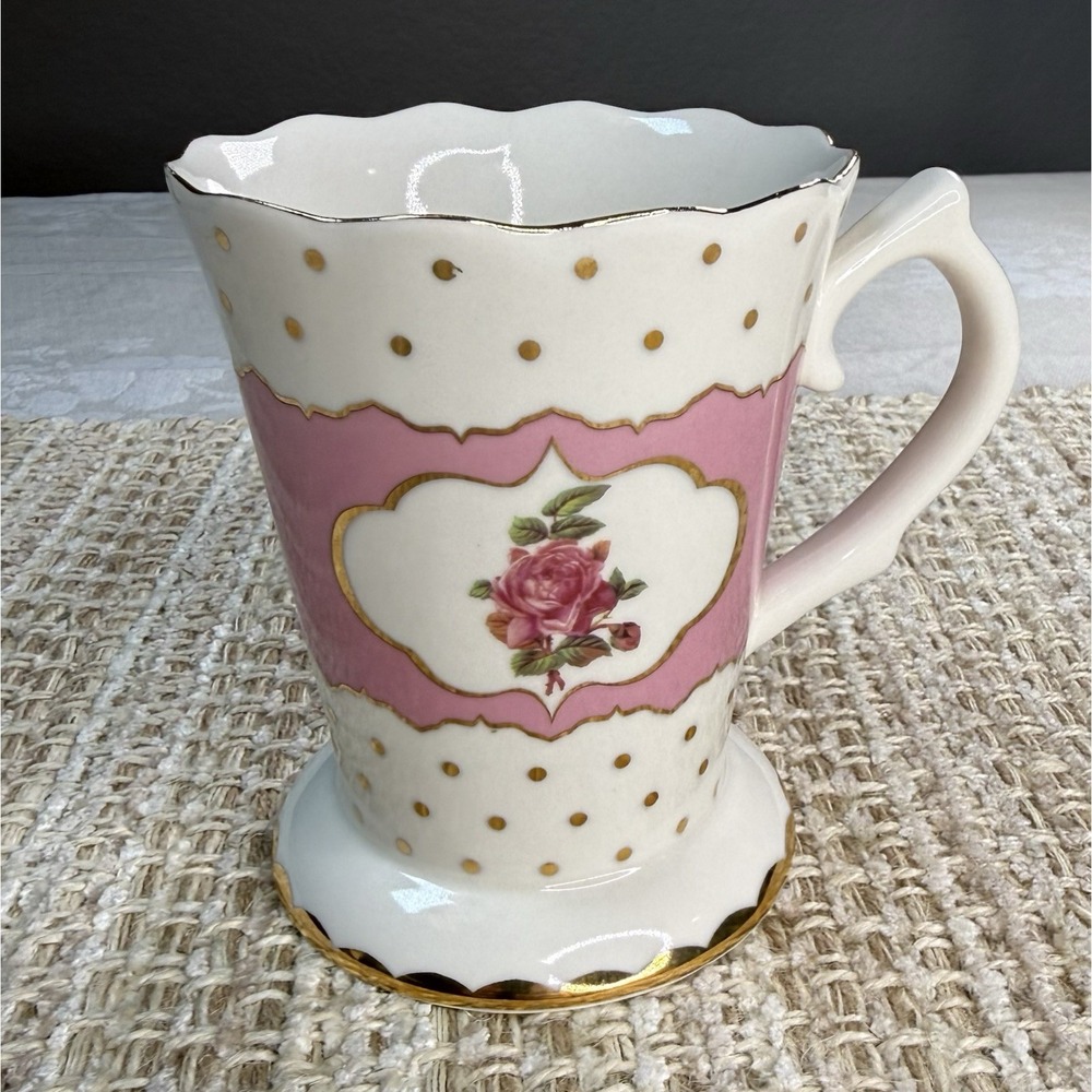 Proplants Fancy Rose Pink White Gold Trim Dot Coffee Tea Mug Scalloped Victorian